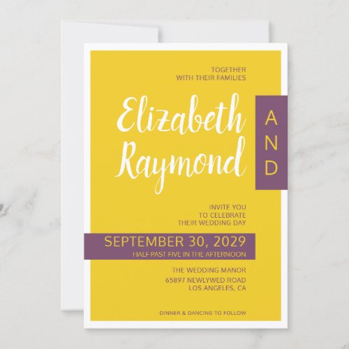 Modern Contemporary purple yellow minimal wedding  Invitation