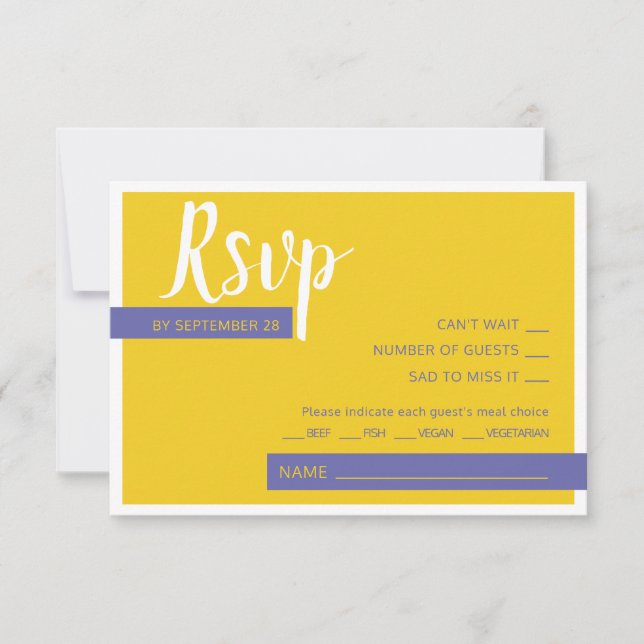 Modern Contemporary purple yellow wedding minimal RSVP Card (Front)