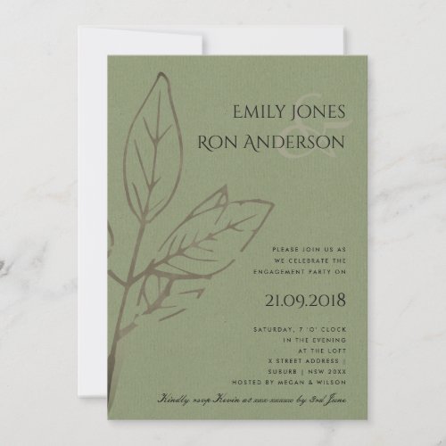 MODERN CONTEMPORARY RUST GREEN LEAVES ENGAGEMENT INVITATION