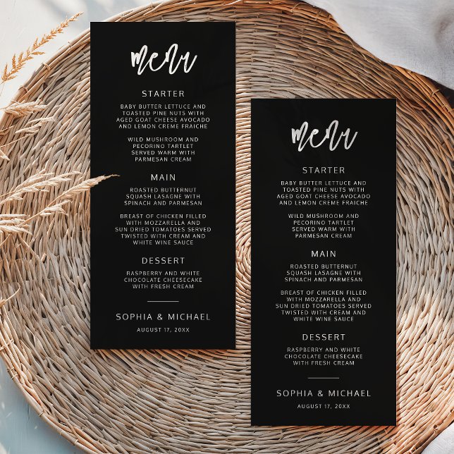 Modern Contemporary Script Black White Wedding Menu (Creator Uploaded)