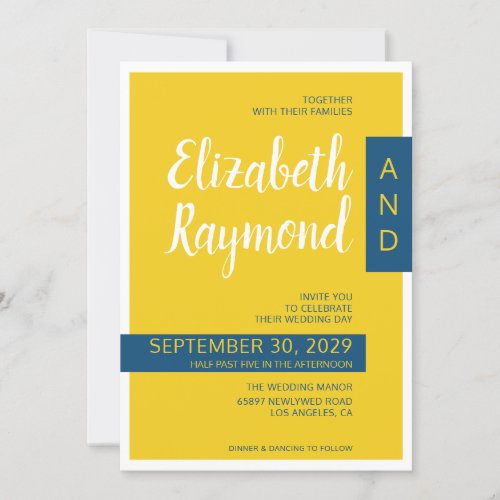 Modern contemporary yellow  blue minimal wedding invitation