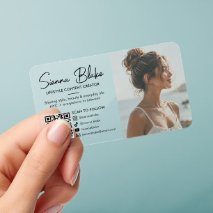 Modern Content Creator Photo Social Media QR Code Clear Business Cards