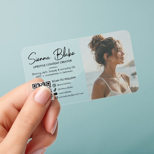 Modern Content Creator Photo Social Media QR Code Clear Business Cards