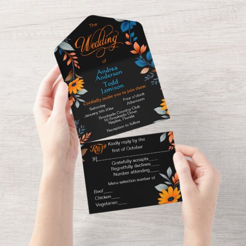 Modern contrasting  colors against black wedding all in one invitation