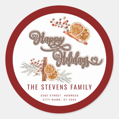 Modern cookie script happy holiday cinnamon orange classic round sticker