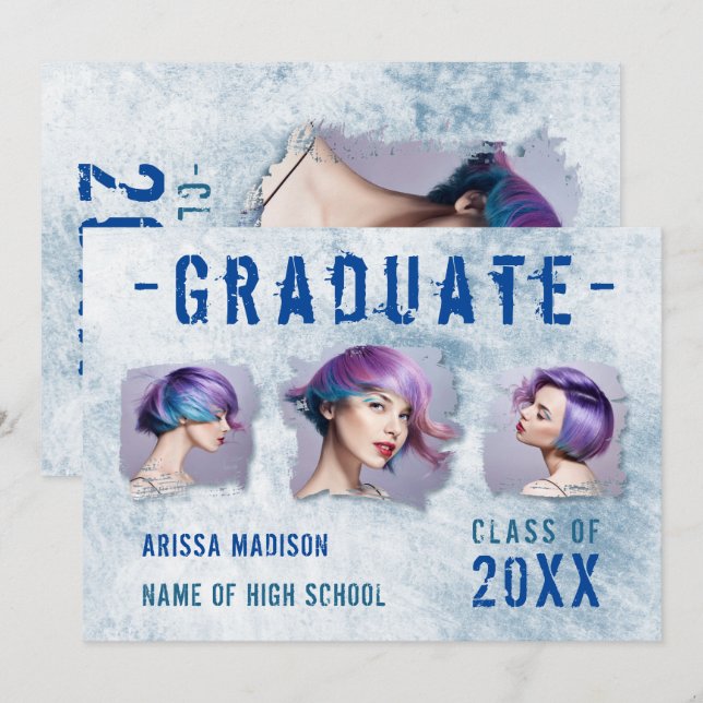 Modern Cool 4 Photo Double Sided Blue Graduation Announcement (Front/Back)