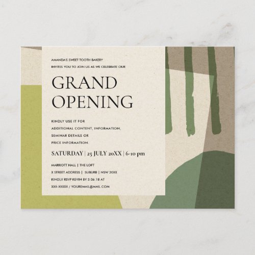MODERN COOL ABSTRACT ART LIME GREEN GRAND OPENING ANNOUNCEMENT POSTCARD