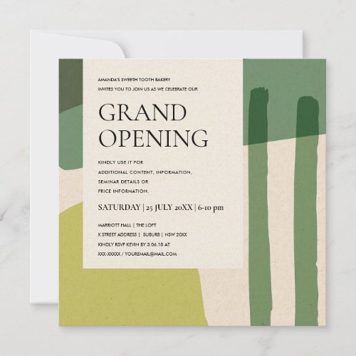 MODERN COOL ABSTRACT ART LIME GREEN GRAND OPENING INVITATION