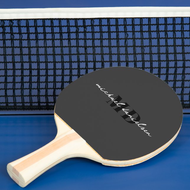 Modern Cool Black & White Script Initial Monogram Ping Pong Paddle (Insitu)