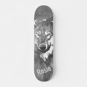 Modern cool black white watercolor wolf skateboard