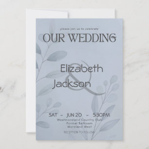 Modern Cool Blue Botanical Typography Wedding Invitation
