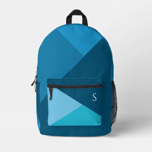 Modern Cool Blue Geometric Monogram Printed Backpack