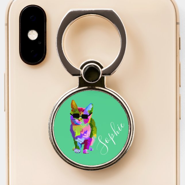 Modern cool cat personalised name girl gift phone ring stand (Close Up)