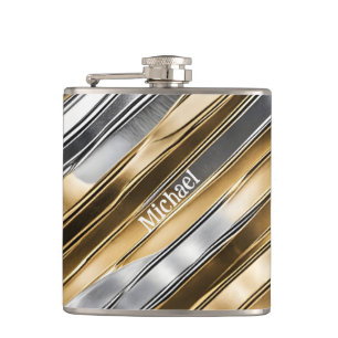 Modern, cool, chic, silver and gold stripe pattern flask