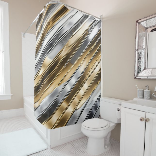 Modern, cool, chic, silver and gold stripe pattern shower curtain (In Situ)