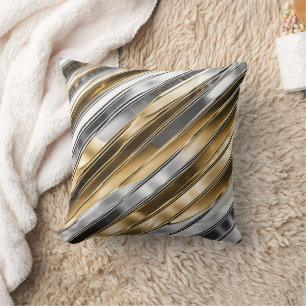 Modern, cool, chic, silver and gold stripe pattern throw pillow