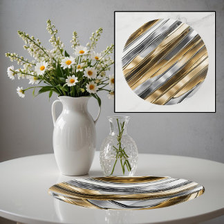 Modern, cool, chic, silver and gold stripe pattern trinket tray