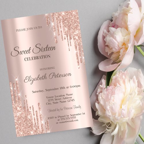 Modern Cool Glitter Drips Rose Gold  Sweet 16 Invitation