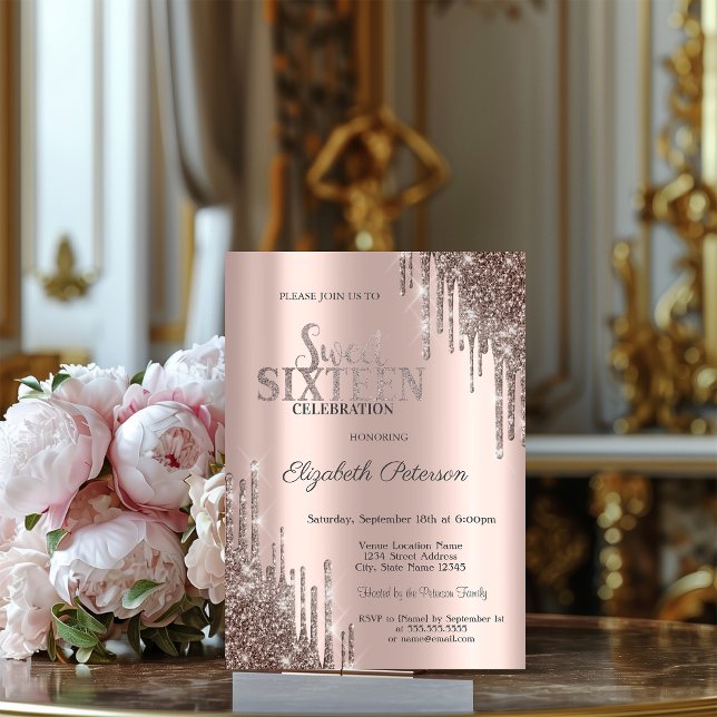 Modern Cool Glitter Drips Rose Gold Sweet 16  Invitation (Creator Uploaded)