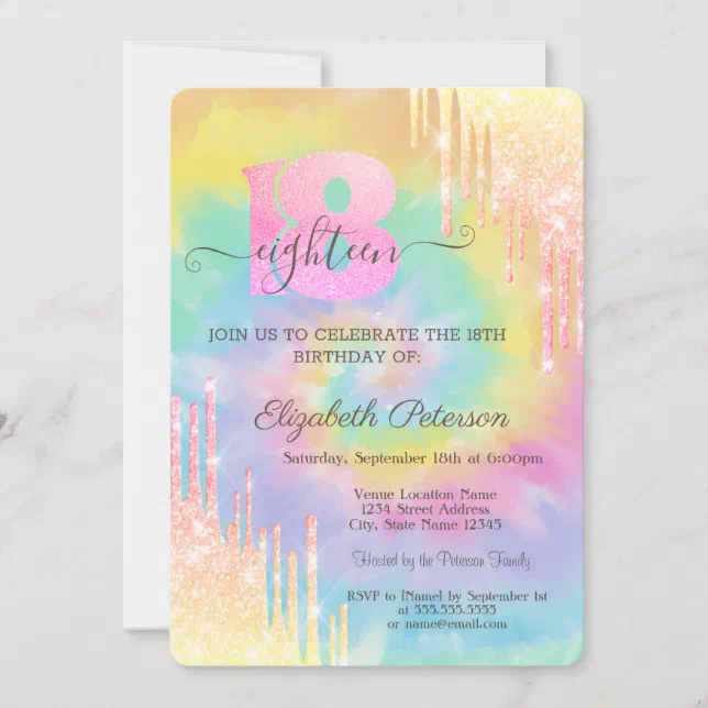 Modern Cool Glitter Drips Tie Dye 18th Birthday Invitation | Zazzle