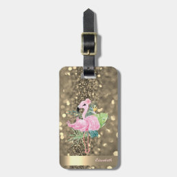 Modern Cool  Glitter Gold Stripe Flamingos Luggage Tag