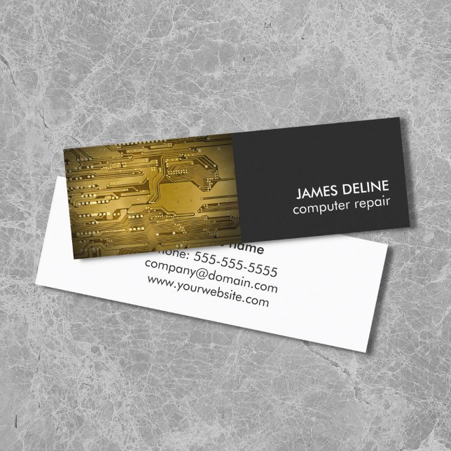 Modern Cool Gold Gray Circuit Computer Repair Mini Business Card (Creator Uploaded)