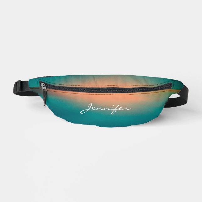 Modern Cool Gradient Teal Green Orange Name Fanny Pack (Front)