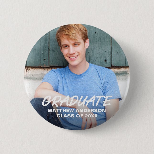 Modern Cool Graduation Announcement Photo Round Button (Front)