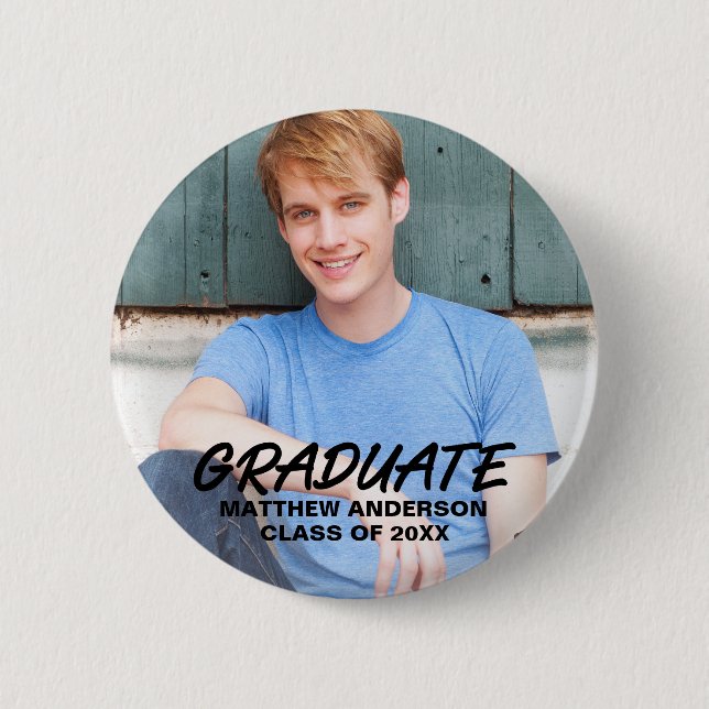 Modern Cool Graduation Photo Announcement Round Button (Front)