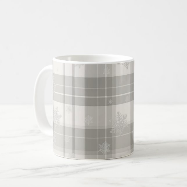 Modern Cool Gray Winter Plaid Mug with Subtle Snow (Front Left)