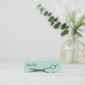Modern Cool Grey Scissor Blue Hair Stylist Mini Business Card (Standing Front)
