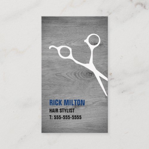 Modern Cool Grey Wooden White Scissor Hairstylist Business Card