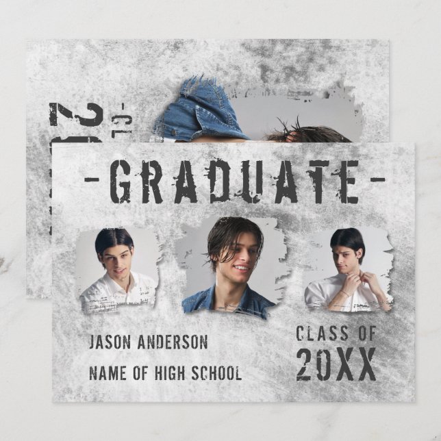 Modern Cool Grunge 4 Photo Double Sided Graduate Announcement (Front/Back)