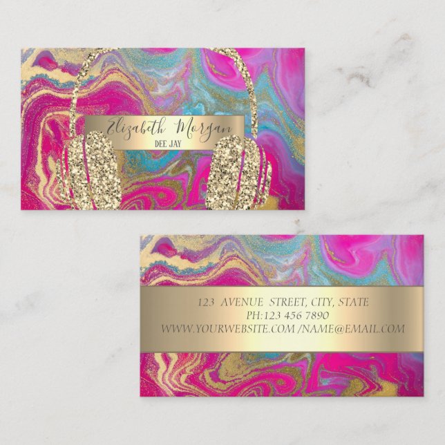 Modern Cool Holographic Gold Glitter Headphone DJ Business Card (Front/Back)