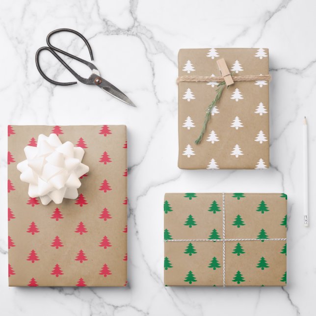 Modern Cool Kraft White Red Green Trees Wrapping Paper Sheets (Front)