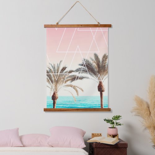 Modern cool palm tree sunset pink blue beach hanging tapestry