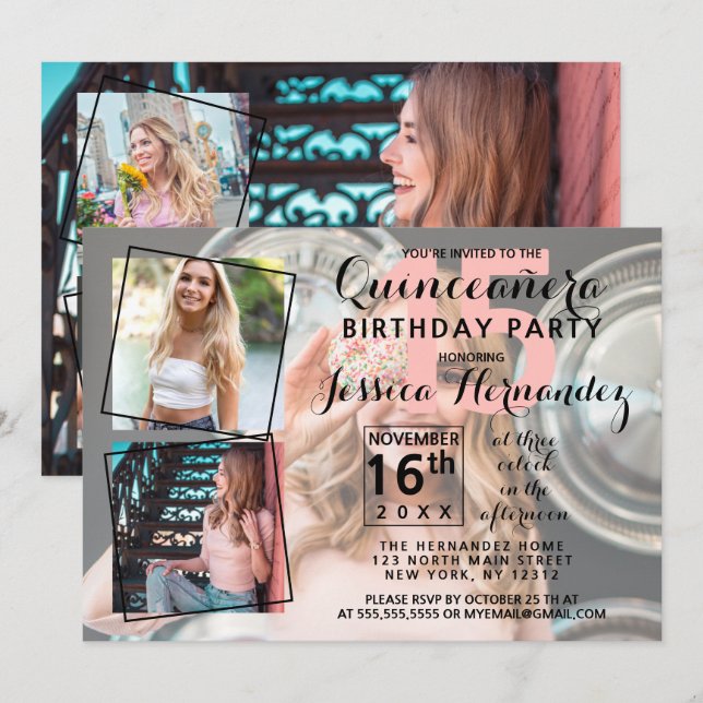 Modern Cool Photo Collage Sweet Quinceañera Invitation (Front/Back)