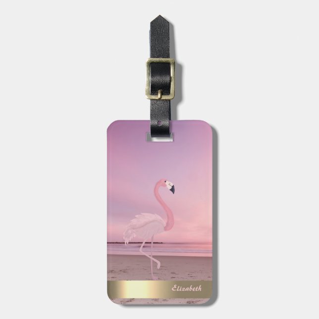 Modern Cool Pink Flamingo Beach Sunset Luggage Tag (Front Vertical)