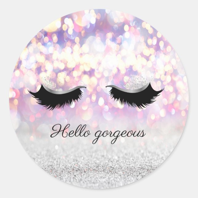 Modern Cool Pink Silver Glitter Bokeh,Faux Lashes Classic Round Sticker (Front)