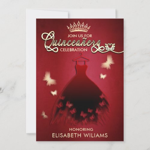 Modern cool red butterfly  dress butterfly Quince Invitation