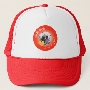 Modern Cool Red Couple Photo Name Valentines Day Trucker Hat