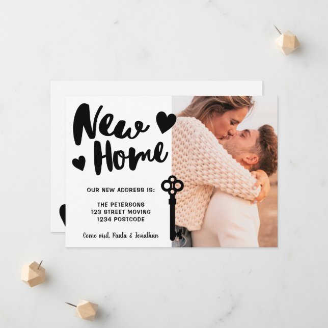 Modern cool Script New Home photo key moving Announcement (Front/Back In Situ)