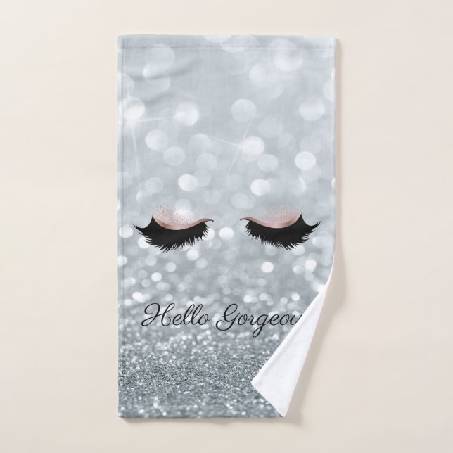 Modern Cool Silver Glitter Bokeh,Faux Lashes Bath Towel Set (Hand Towel)