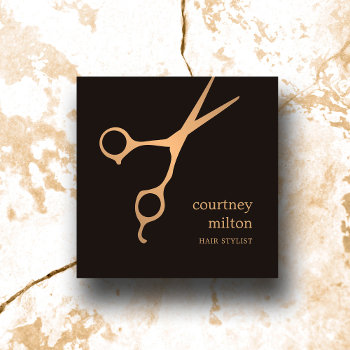 Modern Cool Simple Black Faux Gold Hair Stylist Square Business Card by pro_business_card at Zazzle