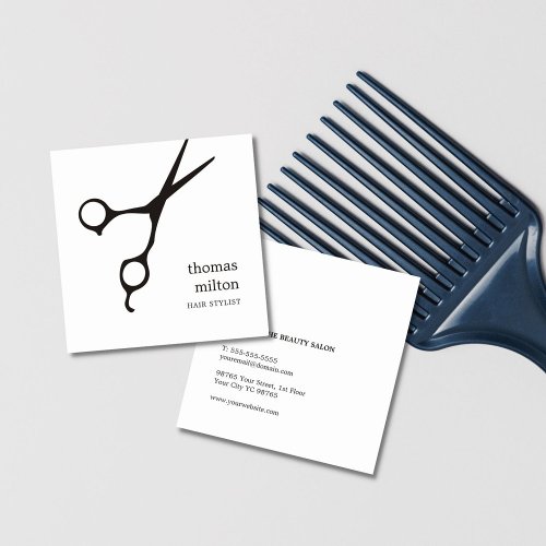 Modern Cool Simple Black White Hair Stylist Square Business Card
