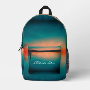 Modern Cool Sunset Gradient Teal Green Orange Name Printed Backpack