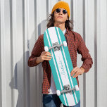 Modern Cool Teal White Racing Stripes Monogrammed Skateboard<br><div class="desc">Create your own custom, personalized, modern, cool, stylish, turquoise teal and white racing stripes, classy elegant typography script, best quality hard-rock maple competition shaped skateboard deck. To customize, simply type in your name / monogram / initials. While you add / design, you'll be able to see a preview of your...</div>