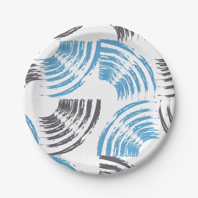 Modern, cool, trendy blue abstract brush strokes paper plates (Front)