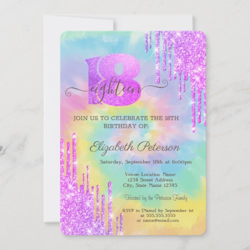 Modern Cool Violet Glitter Drips Tie Dye 18th  Invitation