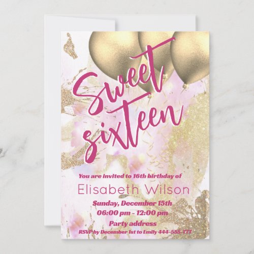 Modern cool watercolor pink gold sweet 16 invitation